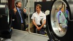 Dr. Chris Lloyd, High Energy Laser Lethality Lead at Naval Surface Warfare Center Dahlgren Division (NSWCDD), briefs French Rear Adm. Christian Dugué, Naval Technical Director for France's Defense Procurement Agency, at the NSWCDD Laser Lethality Lab during the French delegation's NSWCDD visit. Lloyd explained the importance of rigorous modeling and laboratory testing against target materials to ensure high energy laser systems are built that meet the requirements of the warfighter once fielded. NSWCDD is leveraging its knowledge of electromagnetic launchers, hypervelocity projectiles, and directed energy weapons, in addition to its established core capabilities in complex warfare systems development and integration to incorporate electric weapons technology into existing and future fighting forces and platforms. 
