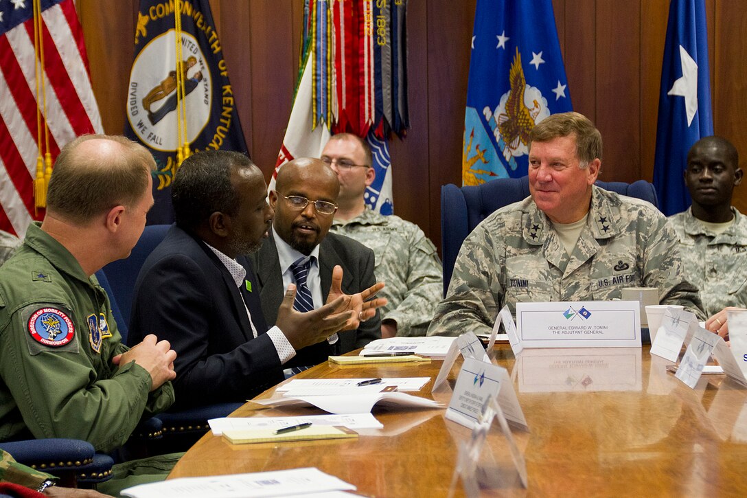 Air Force Maj. Gen. Edward W. Tonini, right center, the adjutant general of Kentucky, and other Kentucky National Guard members host Djiboutian military and government officials in Frankfort, Ky., Sept. 15, 2015, as part of the Kentucky Guard's state partnership with Djibouti. Kentucky National Guard photo by Army Staff Sgt. Scott Raymond