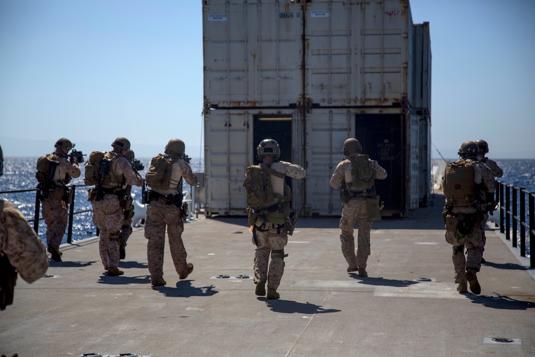 Marines conduct a visit, board, search and seizure aboard a simulated enemy vessel during an exercise off the coast of San Clemente Island, Calif., Sept. 23, 2015. U.S. Marine Corps photo by Sgt. Tyler C. Gregory