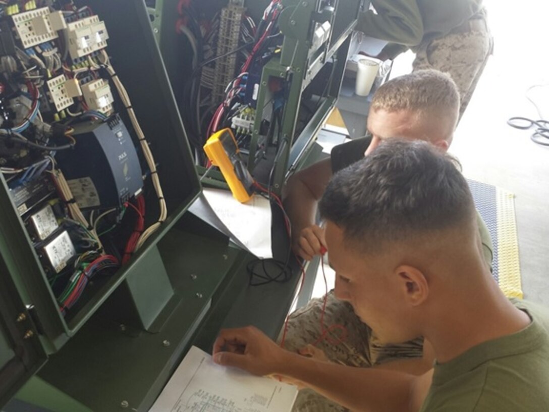 Privates First Class (PFC) Nicholas M. Venice and  Brett C. Waters from Basic Refrigeration and Air Conditioning Technician (BRACT) 5-15 troubleshoot the electrical system of the Enhanced Environmental Control Units (E2CU) at Marine Corps Engineer School, Camp Lejeune, N.C. September 18, 2015. The practical application reinforces what the students learn in a classroom setting. Troubleshooting the E2CU is one of ten tasks the students must master in order to receive the 1161 Military Occupational Specialty (MOS).
