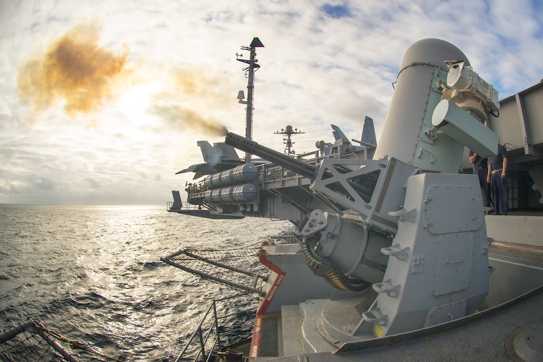 The aircraft carrier USS George Washington conducts a live-fire exercise of its Phalanx close-in weapons system in the Pacific Ocean, Sept. 25, 2015. The carrier is preparing to deploy around South America as a part of Southern Seas 2015, an exercise to enhance interoperability, increase regional stability and build and maintain regional relationships with countries throughout the region. U.S. Navy photo by Petty Officer 3rd Class Bryan Mai
