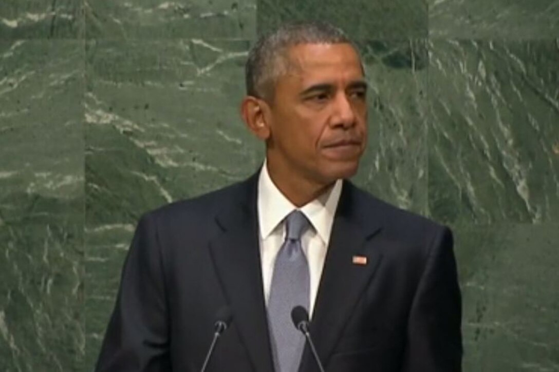 President Barack Obama addresses the U.N. General Assembly in New York City, Sept. 28, 2015. DoD screen shot