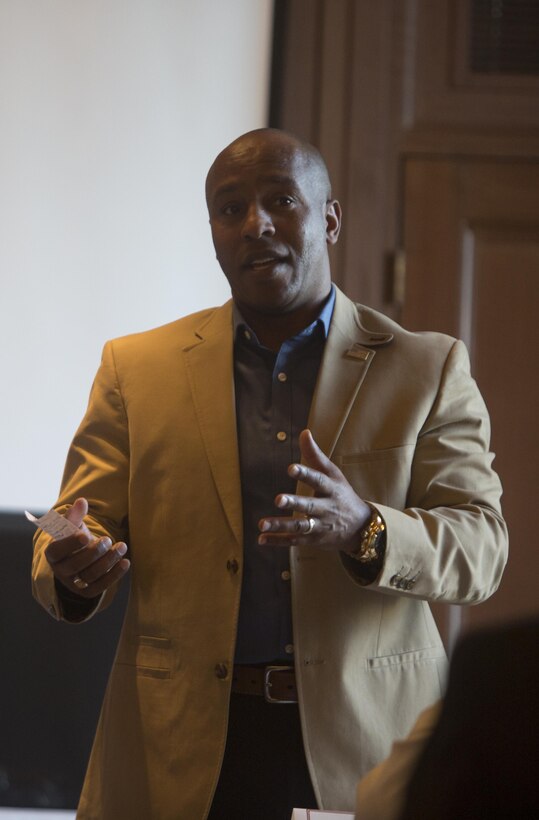 Sgt. Maj. Gary Smith, sergeant major of 4th Marine Logistics Group, Marine Forces Reserve, gives an introduction at the 4th Marine Logistics Group Senior Leadership Seminar at the Marines’ Memorial Club and Hotel in San Francisco, Sept. 26, 2015. Senior leaders with 4th MLG gathered in San Francisco to discuss leadership challenges within 4th MLG and to learn how civilian corporations apply leadership principles within their organizations. (U.S. Marine Corps photo by Cpl. Ian Leones/Released)