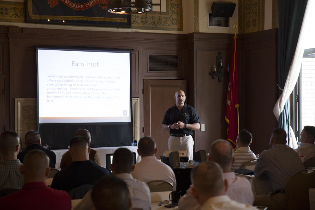 Mike Gilbert, director of operations with Amazon Fulfillment, speaks to senior leaders with the 4th Marine Logistics Group, Marine Forces Reserve, about Amazon’s leadership principles at the 4th MLG Senior Leadership Seminar at the Marines’ Memorial Club and Hotel in San Francisco, Sept. 27, 2015. Senior leaders with 4th MLG gathered in San Francisco to discuss leadership challenges within 4th MLG and to learn how civilian corporations apply leadership principles within their organizations. (U.S. Marine Corps photo by Cpl. Ian Leones/Released)
