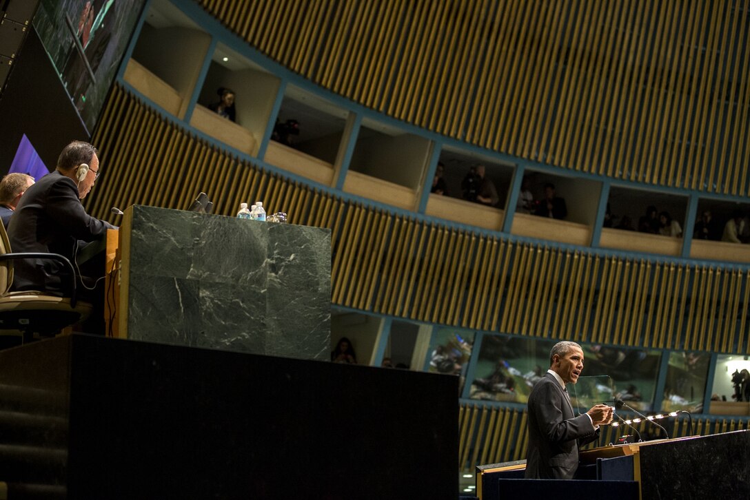 President Barack Obama delivers remarks at the U.N. in New York City, Sept. 27, 2015. Obama also spoke at the U.N. General Assembly’s opening the next day. White House photo by Pete Souza