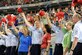 Airmen and senior leaders wave their hats to the crowd at Nationals Park in Washington, D.C., Sept. 18, 2015. The Washington Nationals team members and fans saluted members of the Air Force. (Air Force photo/Staff Sgt. Whitney Stanfield)