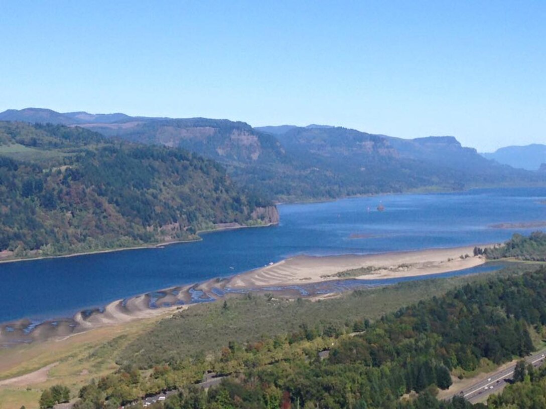 Looking east along the Columbia River Gorge from the Vista House along Historic U.S. Highway 30 in Oregon. The Columbia River Treaty, signed by Canada and the U.S. in 1961, was developed to coordinate flood control and optimize electrical energy production in the Columbia Basin. 