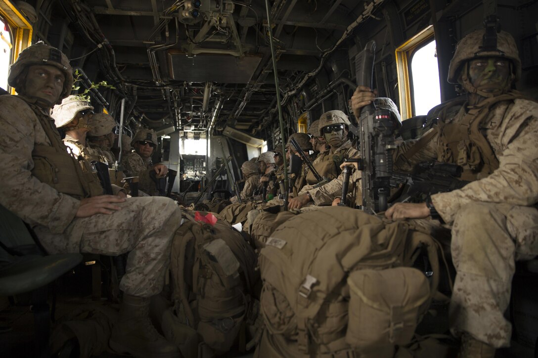 U.S. Marines move between landing zones during a CH-53E Super Stallion rotary-wing aircraft assault transport at Aibano Training Area, Sept. 15, 2015. The assault transport supported a bilateral-air-assault comprehensive exercise during Forest Light 16-1. Forest Light is an exercise to increase interoperability of the Japan Ground Self-Defense Force and U.S. Marine Corps forces. The U.S. Marines are with 1st Battalion, 2nd Marine Regiment currently assigned to 4th Marine Regiment, 3rd Marine Division, III Marine Expeditionary Force. 