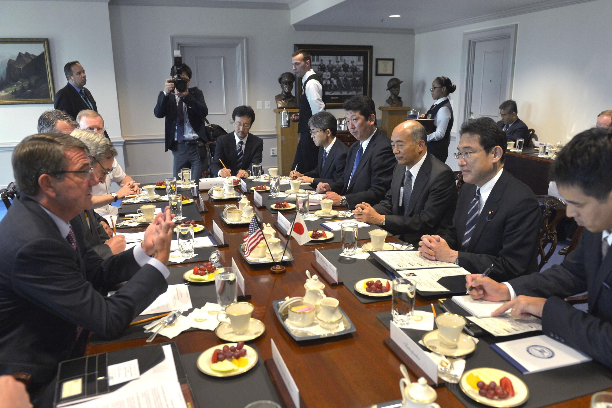 U.S. Defense Secretary Ash Carter meets with Fumio Kishida, Japan's minister for foreign affairs, at the Pentagon, Sept. 28, 2015. DoD photo by Glenn Fawcett