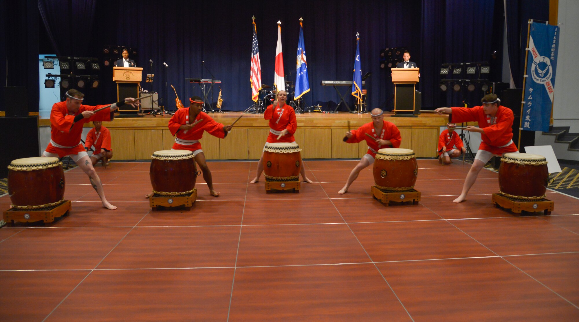 Yokota Nishitama Eisa Daiko drummers perform during the Air Force ball held at the Taiyo Community Center at Yokota Air Base, Japan, Sept. 25, 2015. The event featured a cake cutting ceremony, prizes and music performed by the Air Force Band. (U.S. Air Force photo by Senior Airman David Owsianka/Released)
