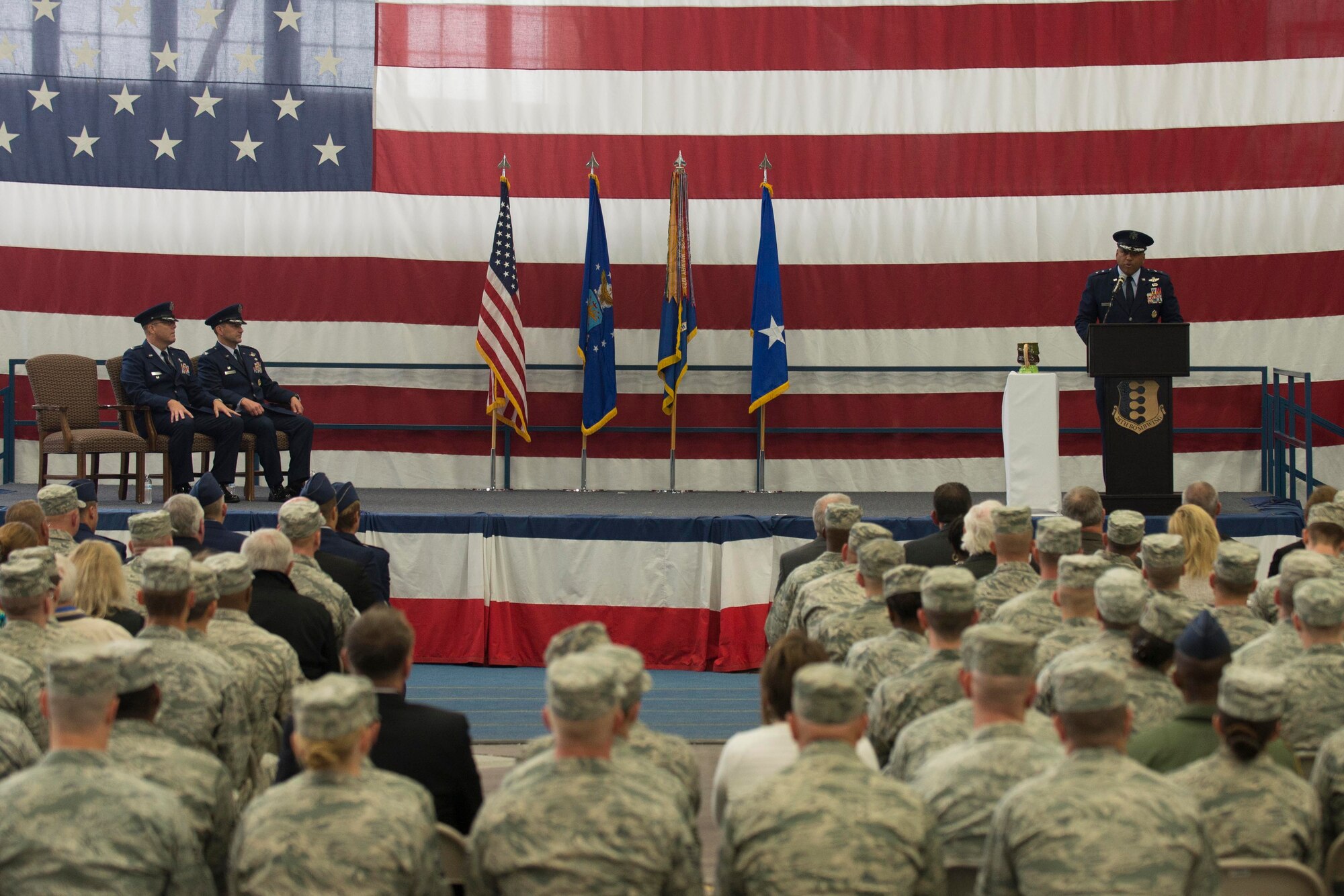 Maj. Gen. Richard Clark, Eighth Air Force commander, addresses Ellsworth Airmen during the B-1 realignment ceremony at Ellsworth Air Force Base, S.D., Sept. 28, 2015. Ellsworth is one of two bases that ceremonially realigned to Air Force Global Strike Command’s Eighth Air Force today, uniting all Air Force bombers under a single command. (U.S. Air Force photo by Senior Airman Rebecca Imwalle/Released)