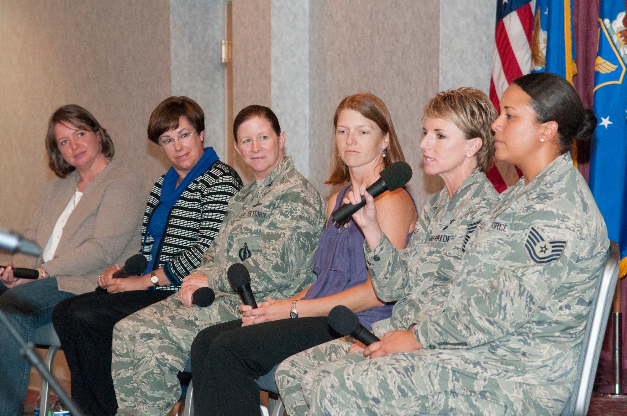 Chief Master Sgt. Gay Veale, 11th Air Force command chief, speaks to Airmen attending the 20th Air Force Women’s Leadership Symposium in the F.E. Warren Air Force Base, Wyo., Trail’s End Event Center Sept. 15, 2015. Veale was part of a panel of mentors who imparted advice and wisdom to the Airmen in attendance. (U.S. Air Force photo by Senior Airman Jason Wiese)