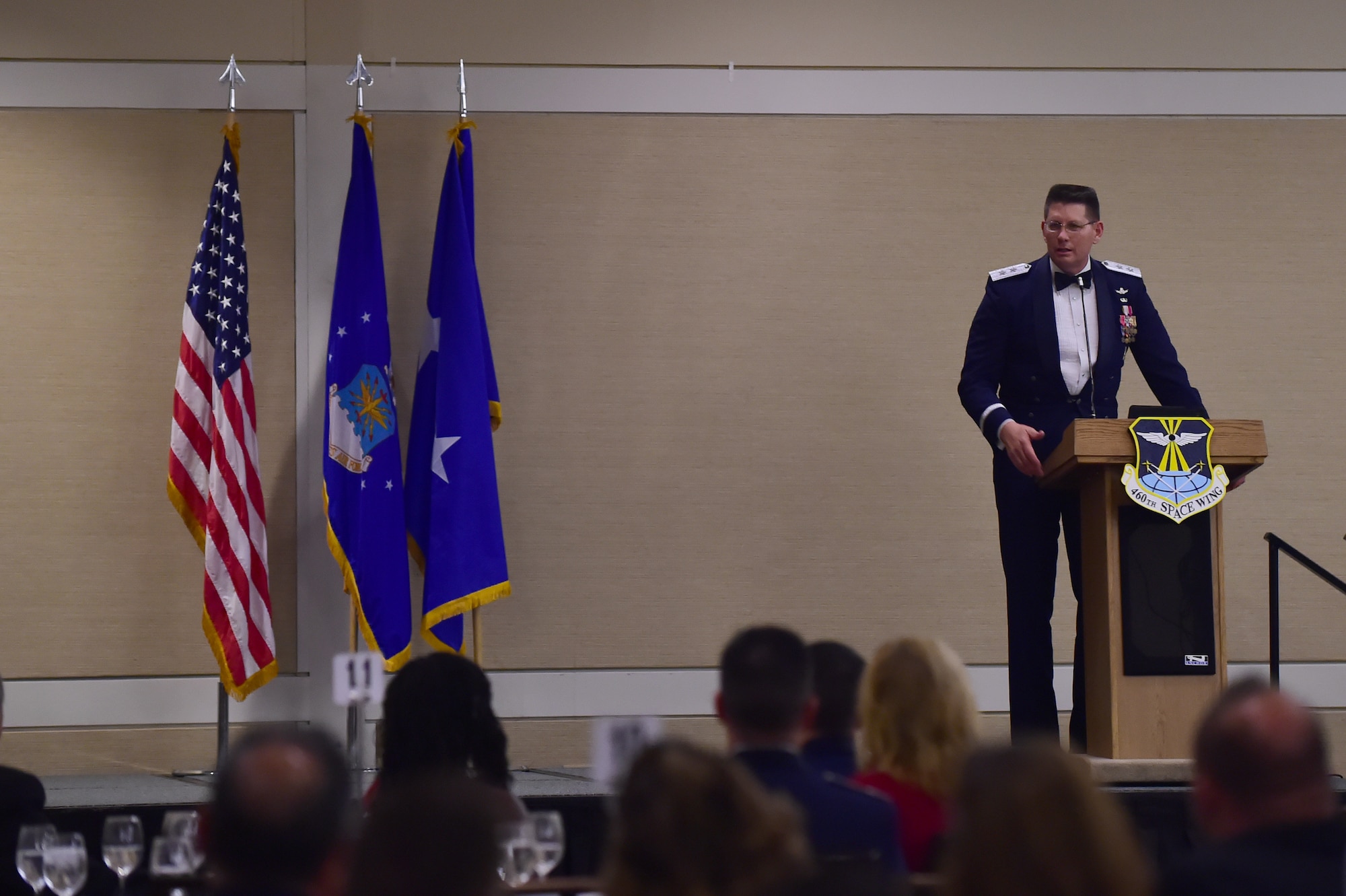 Maj. Gen. David Thompson, Air Force Space Command vice commander, speaks at the annual Air Force Ball Sept. 25, 2015, at the Westin Hotel in Denver. Team Buckley held an annual ball to celebrate the 68th birthday of the Air Force.  (U.S. Air Force photo by Airman 1st Class Luke W. Nowakowski/Released) 