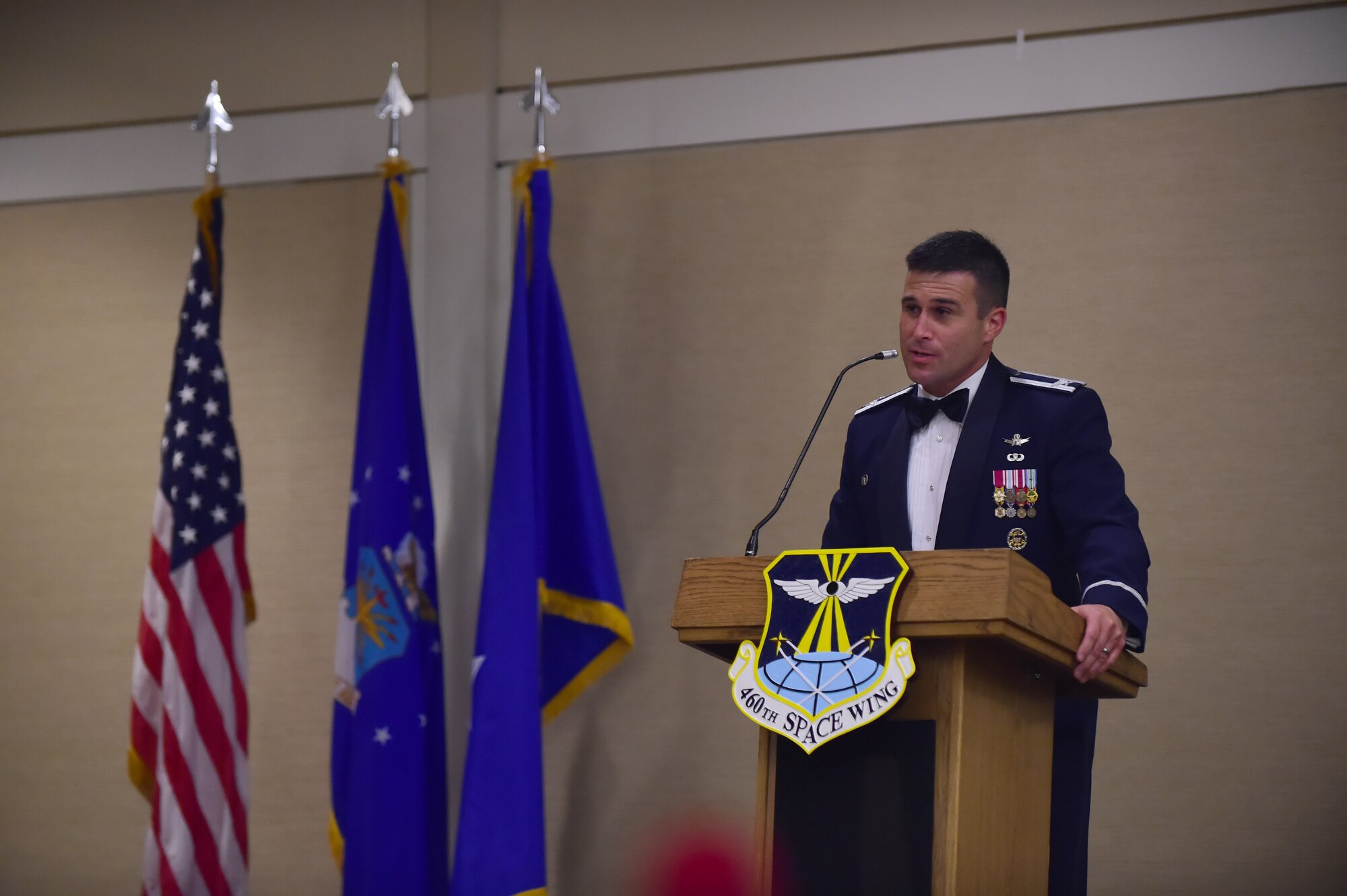 Col. John Wagner, 460th Space Wing commander, speaks at the Air Force Ball Sept. 25, 2015, at the Westin in Denver.  Team Buckley held an annual ball to celebrate the 68th birthday of the Air Force. (U.S. Air Force photo by Airman 1st Class Luke W. Nowakowski/Released)