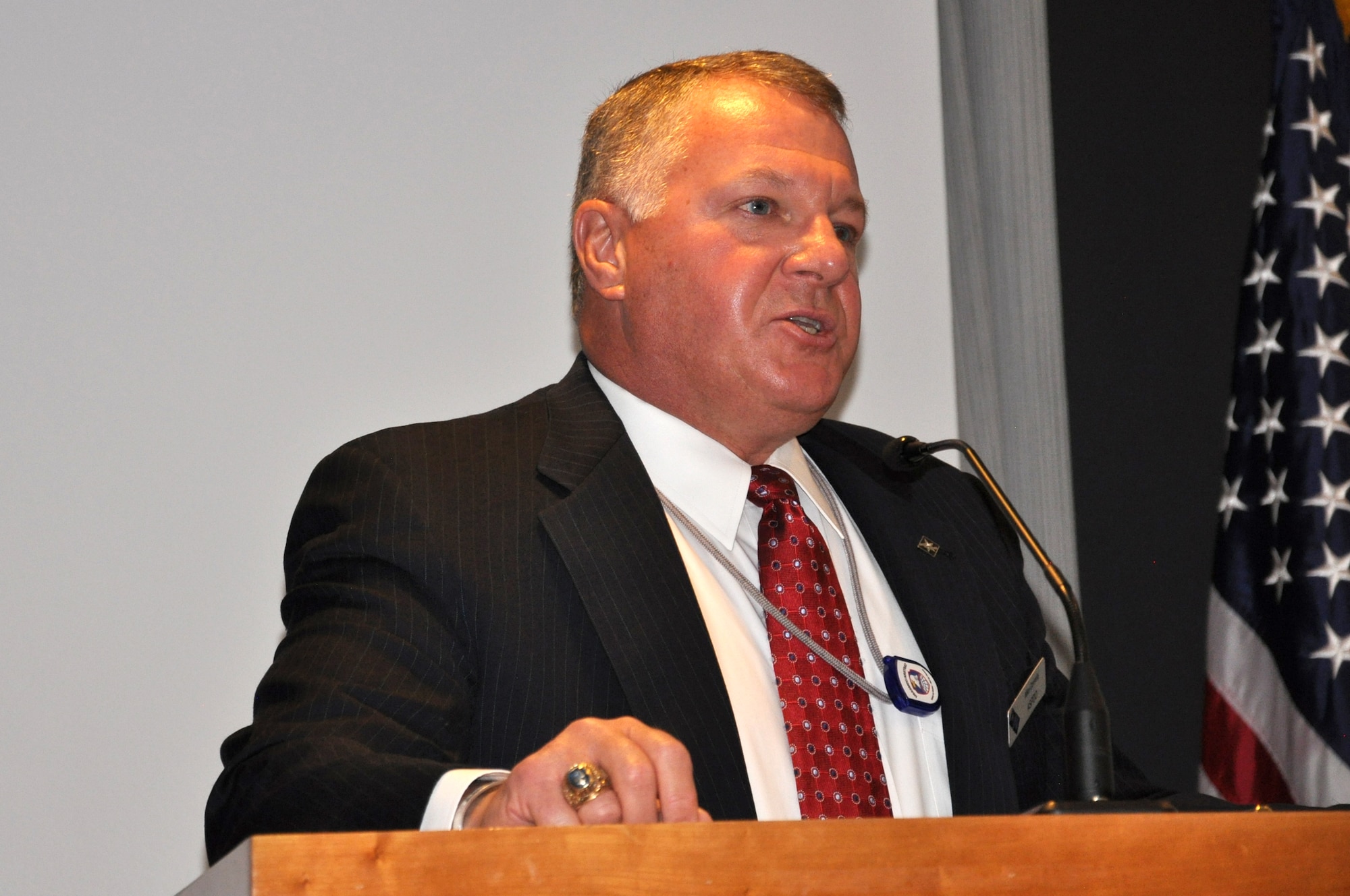 PETERSON AIR FORCE BASE, Colo. – Mike Connolly, U.S. Army Space and Missile Defense Command/Army Forces Strategic Command Army Space Personnel Development Office director, gives opening remarks during the FA40 Training Forum here, Sept. 15-17. (courtesy photo by Dottie White)
