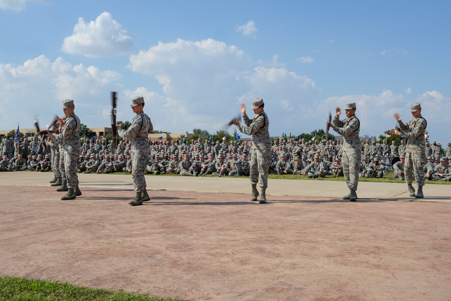 Technical training students at Sheppard Air Force Base, Texas, compete in a drill competition at the base parade grounds, Sept. 25, 2015. The top three squadrons to compete were awarded a drill master trophy and the best Military Training Flight of the quarter was awarded with display street sign. (U.S. Air Force photo/Senior Airman Kyle Gese)