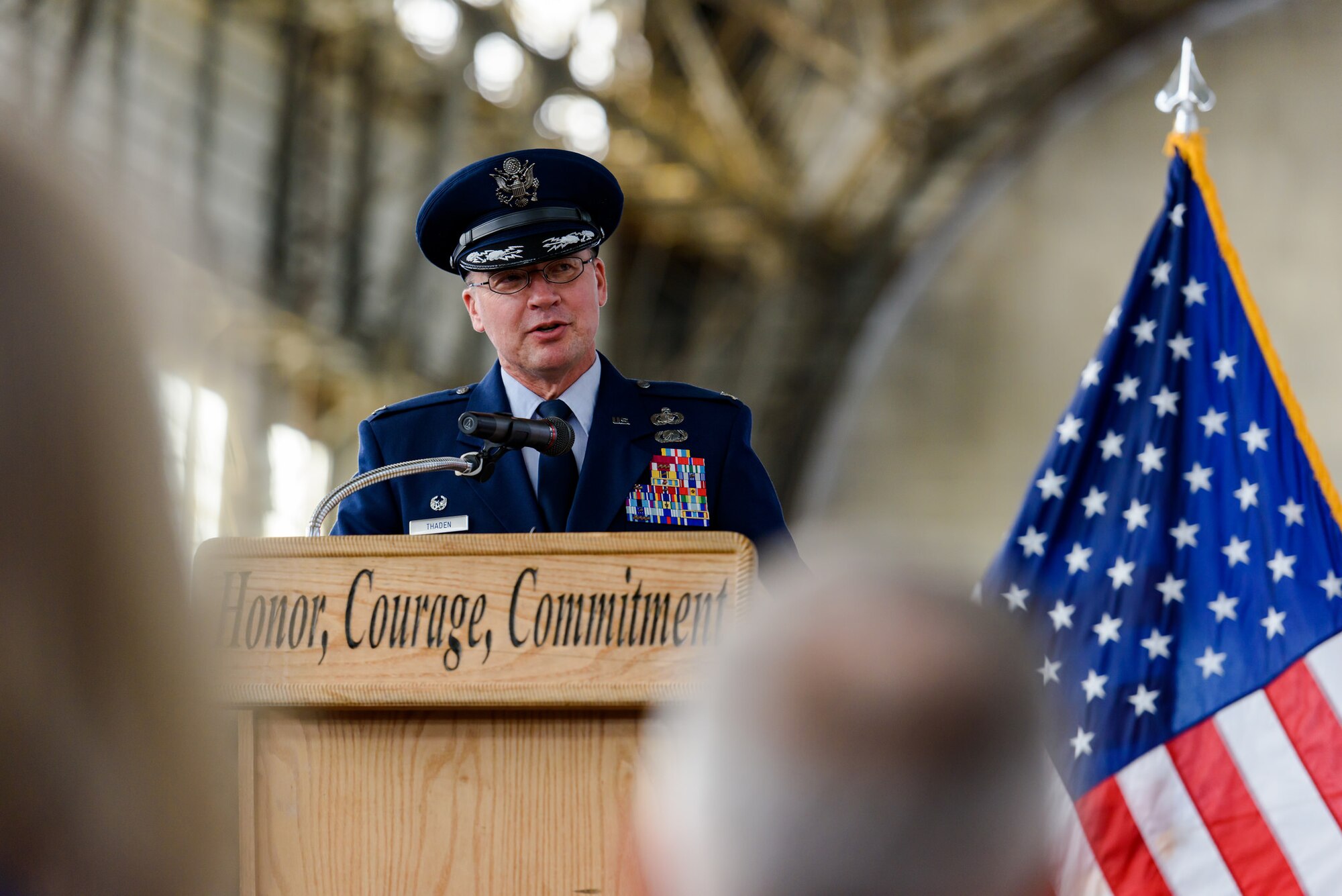 Col. Frederick D. Thaden, Joint Base McGuire-Dix-Lakehurst and 87th Air Base Wing commander, speaks during a Naval Support Activity-Lakehurst change of command ceremony Sept. 25, 2015 at JB MDL, N.J. U.S. Navy Capt. Christopher Bergen assumed command of NSA-Lakehurst and will also take responsibility as the JB MDL deputy commander. (U.S. Air Force photo by Robert Williard/Released)