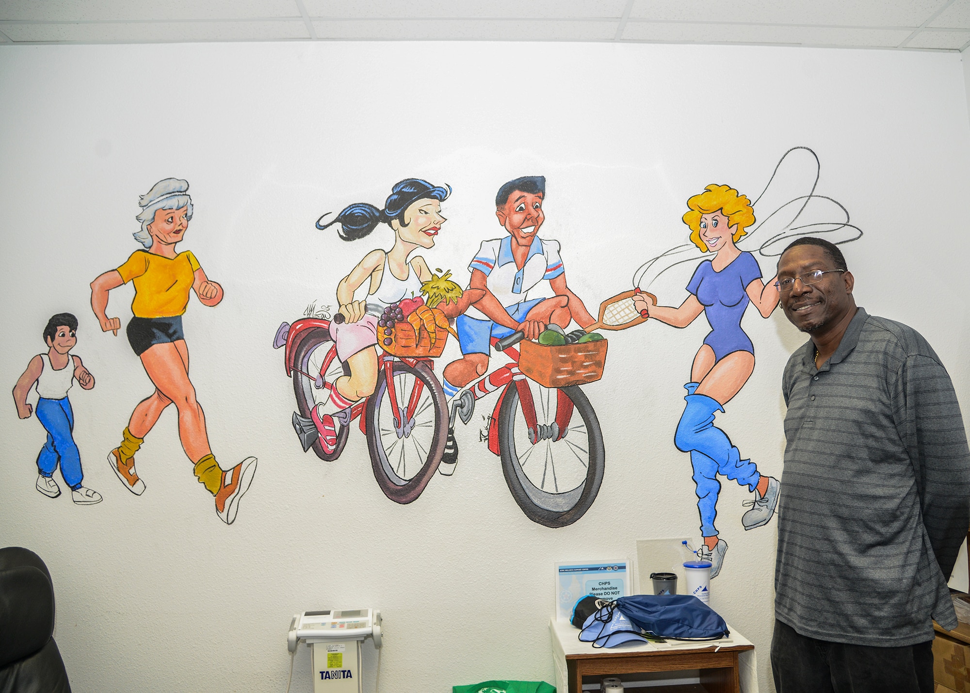 During his time at Edwards, then-Sgt. Gregory Wilson painted murals in the Health and Wellness Center, Dorm 2424 and at two fire stations. Two of those murals are still displayed today such as this one at the Health and Wellness Center located next to the Rosburg Fitness Center. (U.S. Air Force photo by Rebecca Amber)