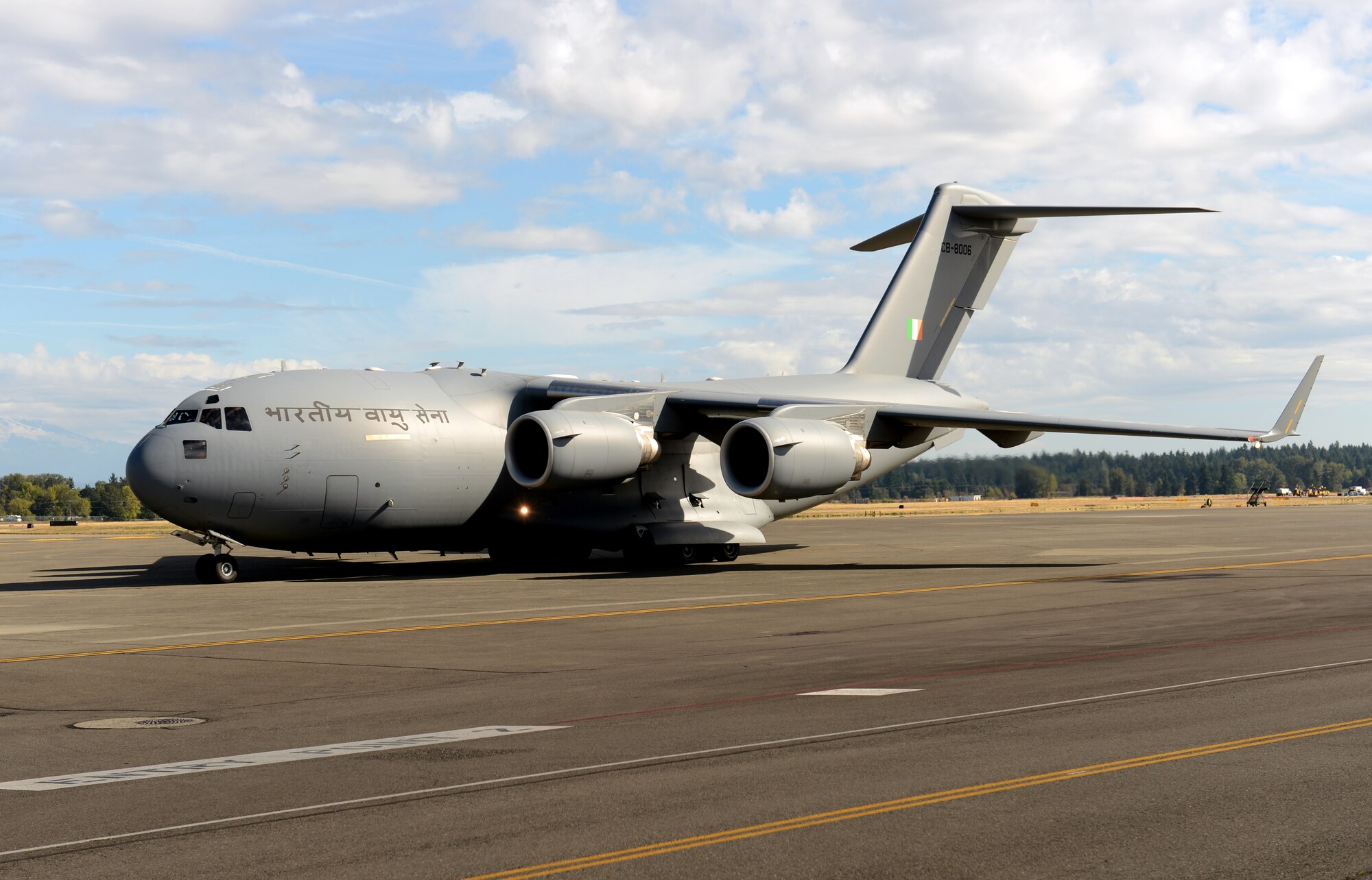 An Indian Air Force C-17 Globemaster III arrives at McChord Field, Sept. 23, 2015 at Joint Base Lewis-McChord, Wash. The Indian AF is currently the world’s 4th largest Air Force and is primarily responsible for securing Indian airspace. (U.S. Air Force photo/Senior Airman Divine Cox)