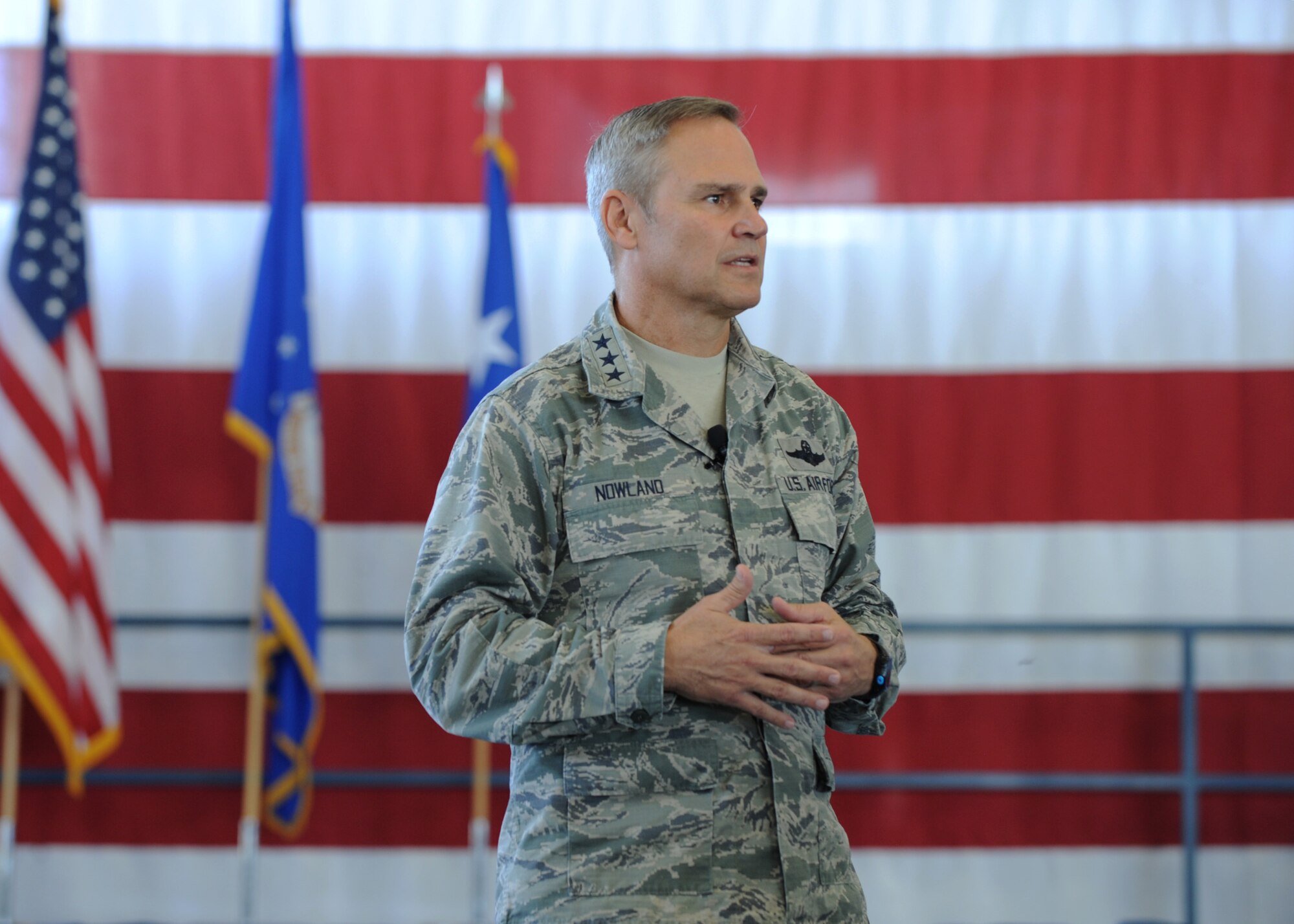 Lt. Gen. Chris Nowland, 12th Air Force (Air Forces Southern) commander, answers questions from Airmen during an all call at Ellsworth Air Force Base, S.D., Sept. 24, 2015. Nowland answered questions regarding the fight against the Islamic State of Iraq and the Levant (ISIL), current force protection condition levels, and other events impacting the Air Force. (U.S. Air Force photo by Airman 1st Class Denise M. Nevins/Released) 
