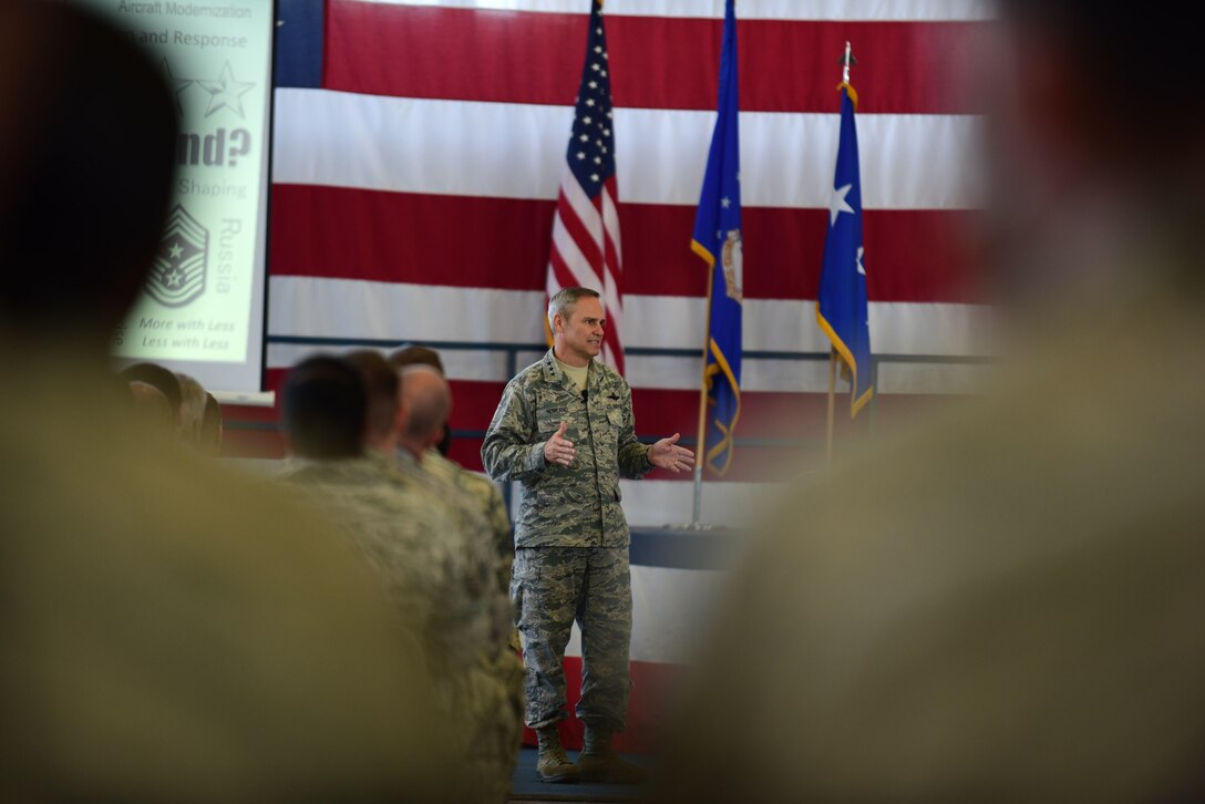 Lt. Gen. Chris Nowland, 12th Air Force (Air Forces Southern) commander, addresses Ellsworth Airmen during an all call at Ellsworth Air Force Base, S.D., Sept. 24, 2015. Nowland hit on several topics including recent events unfolding worldwide and within the Air Force, and closed by bidding farewell to the 28th Bomb Wing as it begins its transition to Air Force Global Strike Command Oct. 1, 2015. (U.S. Air Force photo by Airman 1st Class James L. Miller/Released)