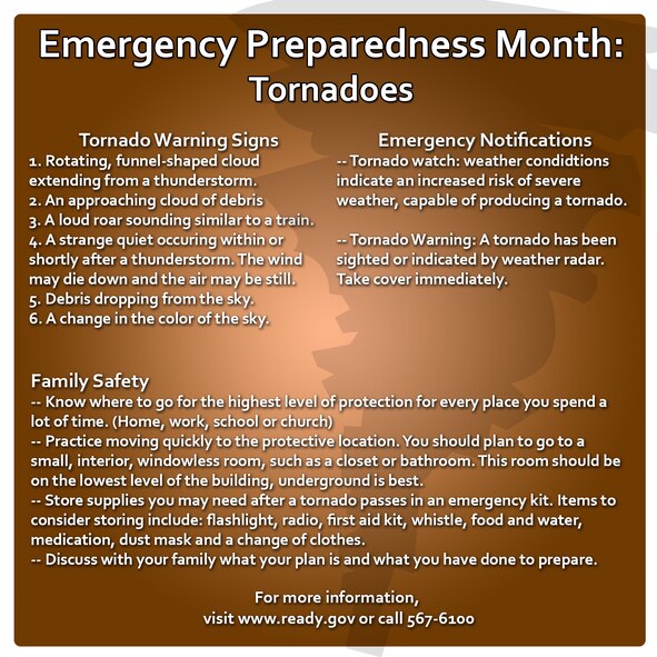 September is Emergency Preparedness Month. In the event of a tornado, it is important to be prepared and know how to act in order to keep yourself and your family safe. (U.S. Air Force graphic/Staff Sgt. Debbie Lockhart)