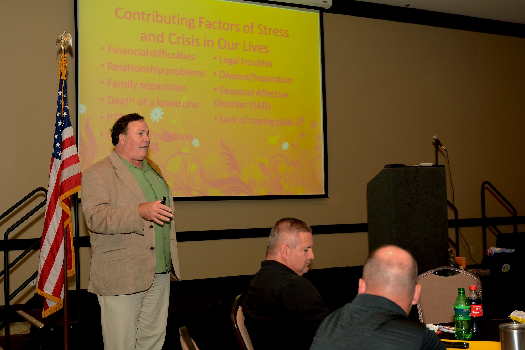 Dr. Paul D. Wade, the director of psychological health for the 169th Fighter Wing at McEntire Joint National Guard Base, S.C, speaks to South Carolina Air National Guardsmen about suicide prevention at the Medallion Center in Columbia, S.C., during the Yellow Ribbon Reintegration Program seminar Sept. 18, 2015.  The Y.R.R.P. provides resources for SCANG members and their families during deployment cycles.  (U.S. Air National Guard photo by Airman 1st Class Ashleigh Pavelek/RELEASED)