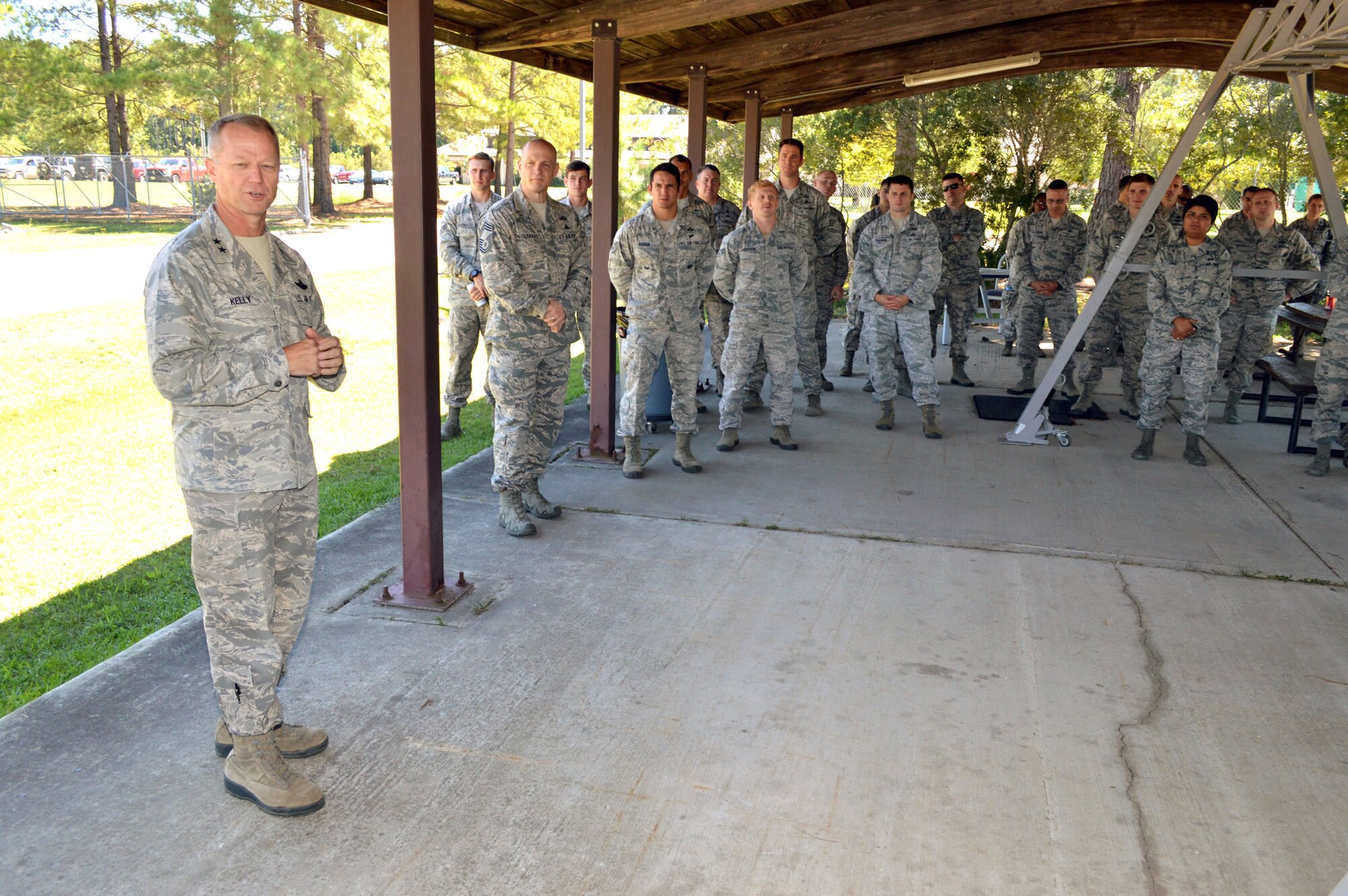 U.S. Air Force Maj. Gen. Mark Kelly, 9th Air Force commander, thanks battlefield Airmen assigned to the 18th Air Support Operations Group, Pope Army Airfield, North Carolina, for their service to the nation and the U.S. Air Force during his visit Sept. 14, 2015. (U.S. Air Force photo/Marvin Krause)