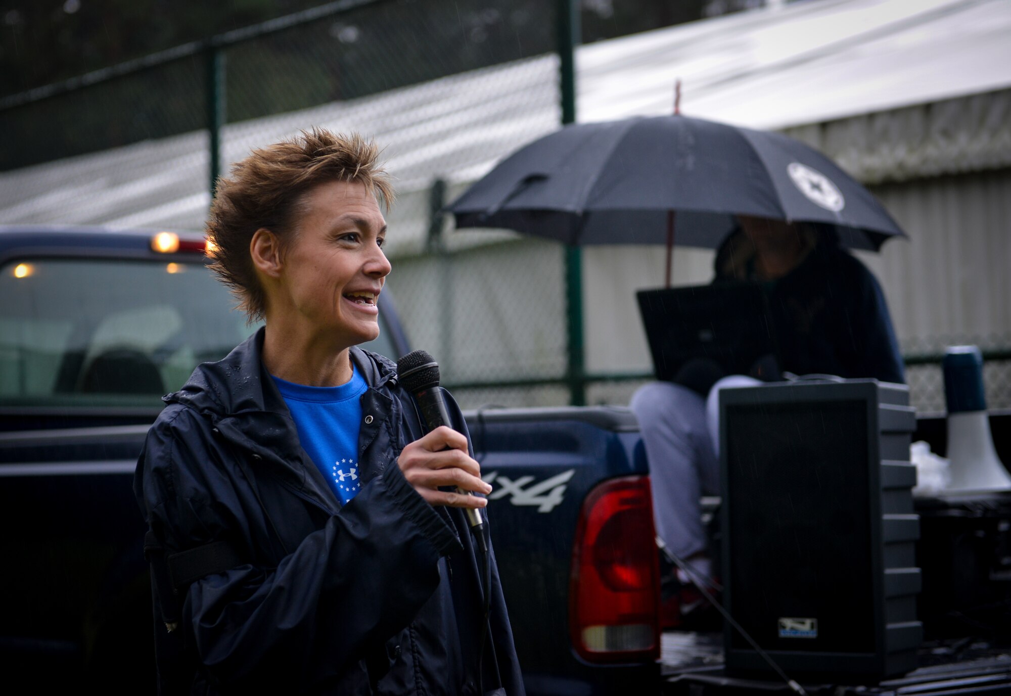 Col. Andra Kniep, 435th Air Ground Operations Wing and 435th Air Expeditionary Wing commander, gives opening comments before a POW/MIA remembrance run Sept. 16, 2015, at Ramstein Air Base, Germany.   More than 100 runners joined retired U.S. Air Force Col. Joseph Milligan and his family for a 5K run in honor of those who make the ultimate sacrifice and to those who are still missing. (U.S. Air Force photo/Senior Airman Nicole Sikorski)
