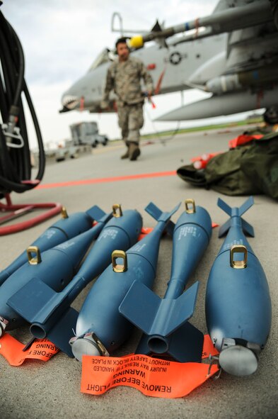 Bomb Dummy Units or BDU-33s lay on the flightline at Amari Air Base, Estonia, Sept. 23, 2015. The BDU-33s will be loaded onto A-10 Thunderbolt II attack aircraft deployed in support of Operation Atlantic Resolve and will be used in training with NATO allies to strengthen interoperability. (U.S. Air Force photo by Andrea Jenkins/Released)
