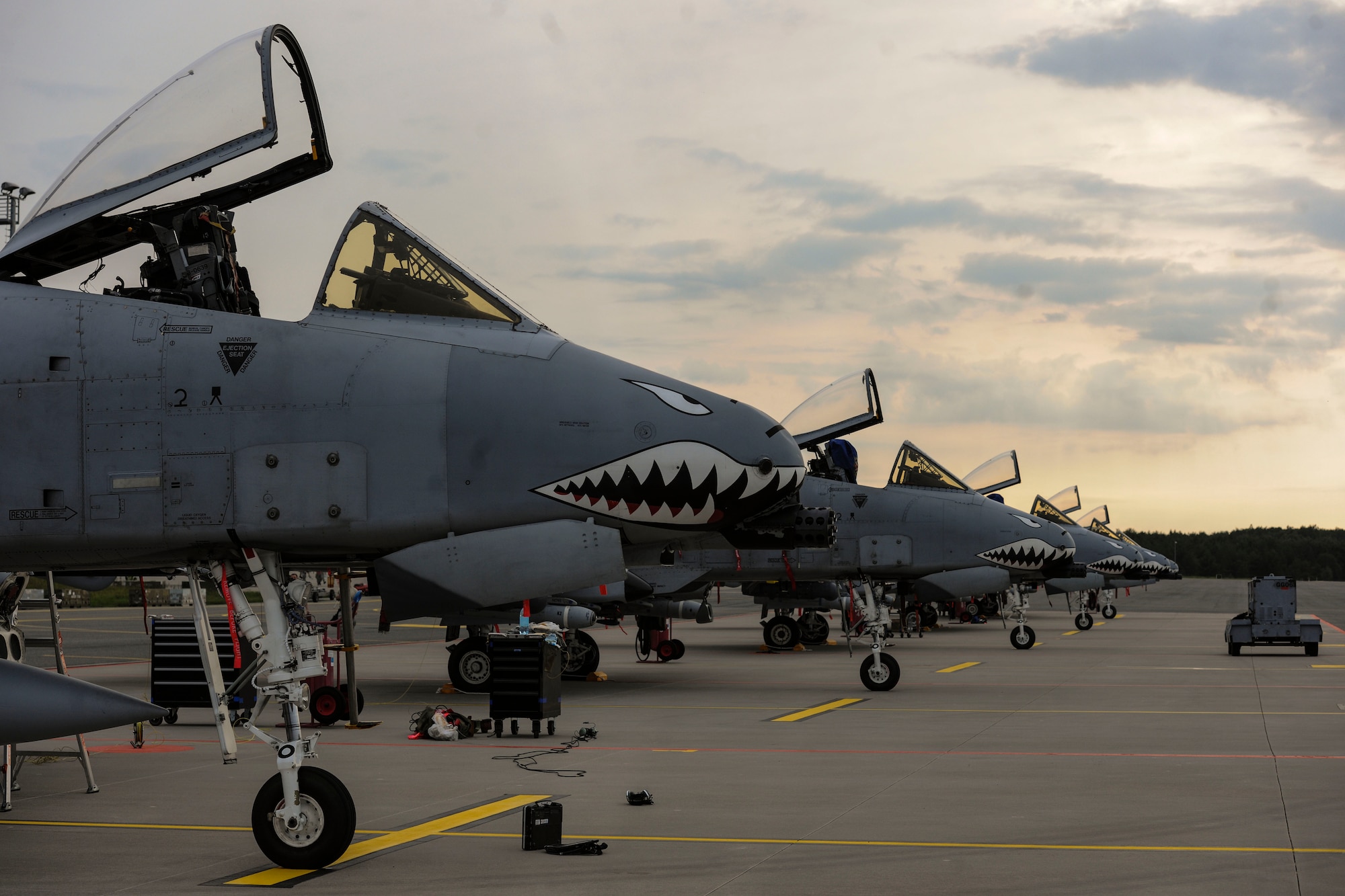 U.S. Air Force A-10 Thunderbolt II attack aircraft assigned to the 74th Expeditionary Fighter Squadron sit on the flightline at Amari Air Base, Estonia, Sept. 21, 2015. Approximately 350 Airmen and support equipment from the 23rd Wing at Moody Air Force Base, Georgia, will conduct routine flying training and participate in several exercises and training events with NATO allies to strengthen interoperability and demonstrate U.S. commitment to the security and stability of Europe. (U.S. Air Force photo by Andrea Jenkins/Released)