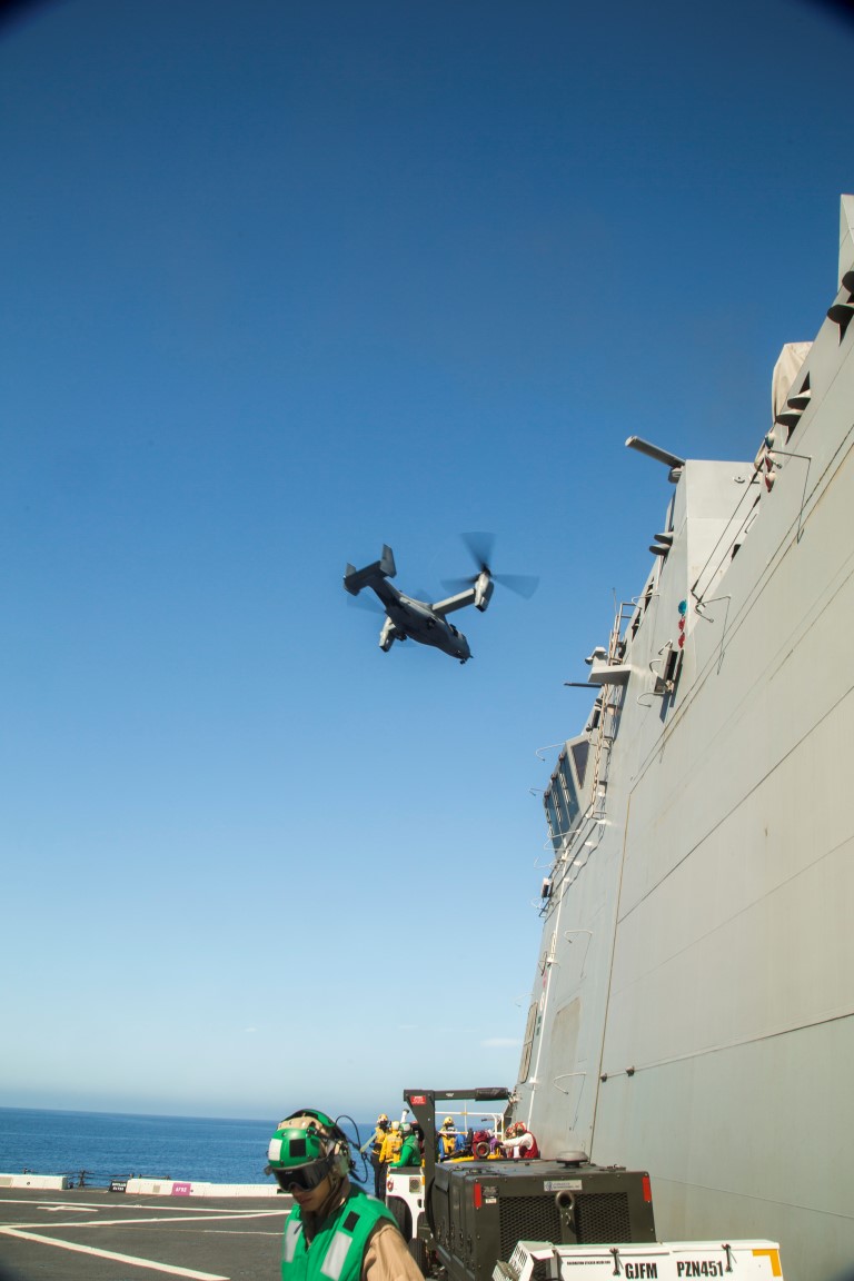 An MV-22 Osprey departs the USS New Orleans during the PHIBRON-MEU integration exercise aboard the USS New Orleans on Sept. 25, 2015. This marks the first at-sea exercise for the PHIBRON-MEU Marines and Sailors as they work together in preparation for deployment to the Pacific and Central Command areas of responsibility in early 2016. (U.S. Marine Corps photo by Sgt. Hector de Jesus/Released)