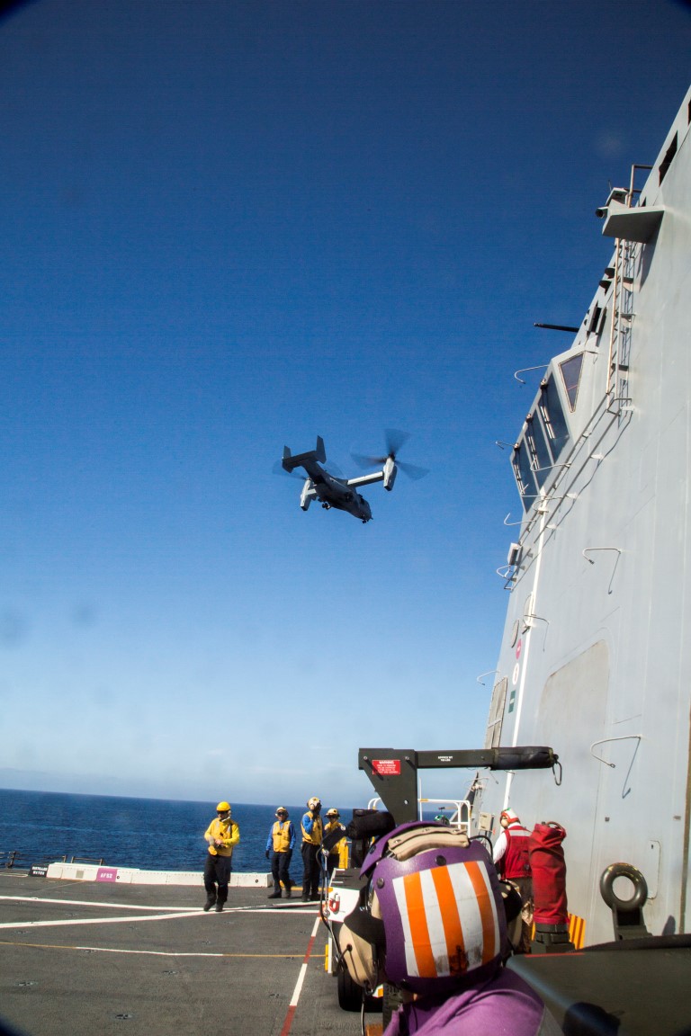 An MV-22 Osprey departs the USS New Orleans during the PHIBRON-MEU integration exercise aboard the USS New Orleans on Sept. 25, 2015. This marks the first at-sea exercise for the PHIBRON-MEU Marines and Sailors as they work together in preparation for deployment to the Pacific and Central Command areas of responsibility in early 2016. (U.S. Marine Corps photo by Sgt. Hector de Jesus/Released)