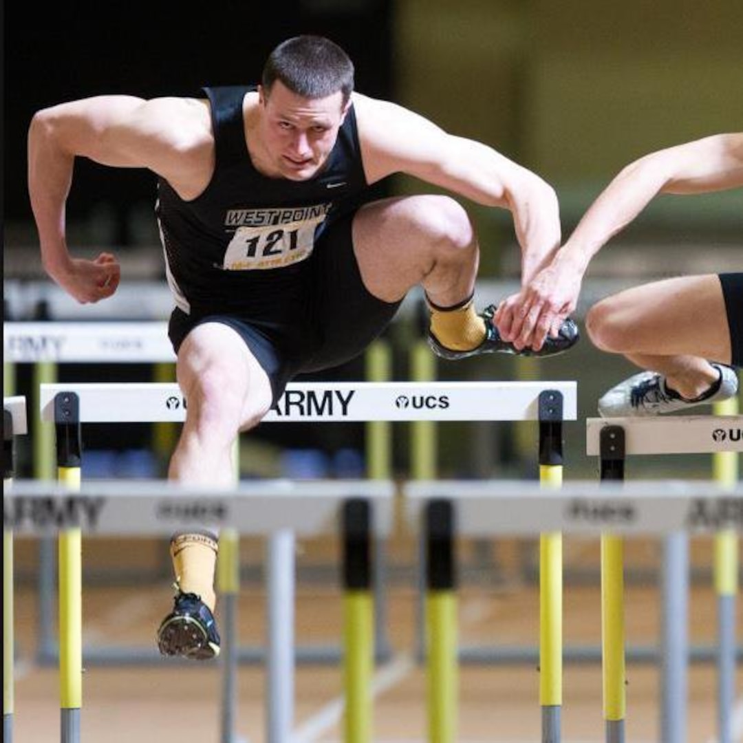 Cadet, now 1st Lt., Kyler Martin runs the 60-meter hurdles during an Army-Navy meet at the U.S Military Academy, West Point, N.Y., 2013.