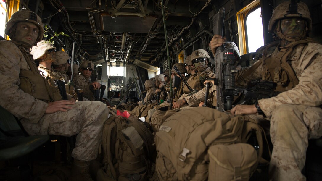 U.S. Marines move between landing zones during a CH-53E Super Stallion rotary-wing aircraft assault transport at Aibano Training Area, Sept. 15, 2015. The assault transport supported a bilateral-air-assault comprehensive exercise during Forest Light 16-1. Forest Light is an exercise to increase interoperability of the Japan Ground Self-Defense Force and U.S. Marine Corps forces. The U.S. Marines are with 1st Battalion, 2nd Marine Regiment currently assigned to 4th Marine Regiment, 3rd Marine Division, III Marine Expeditionary Force. 