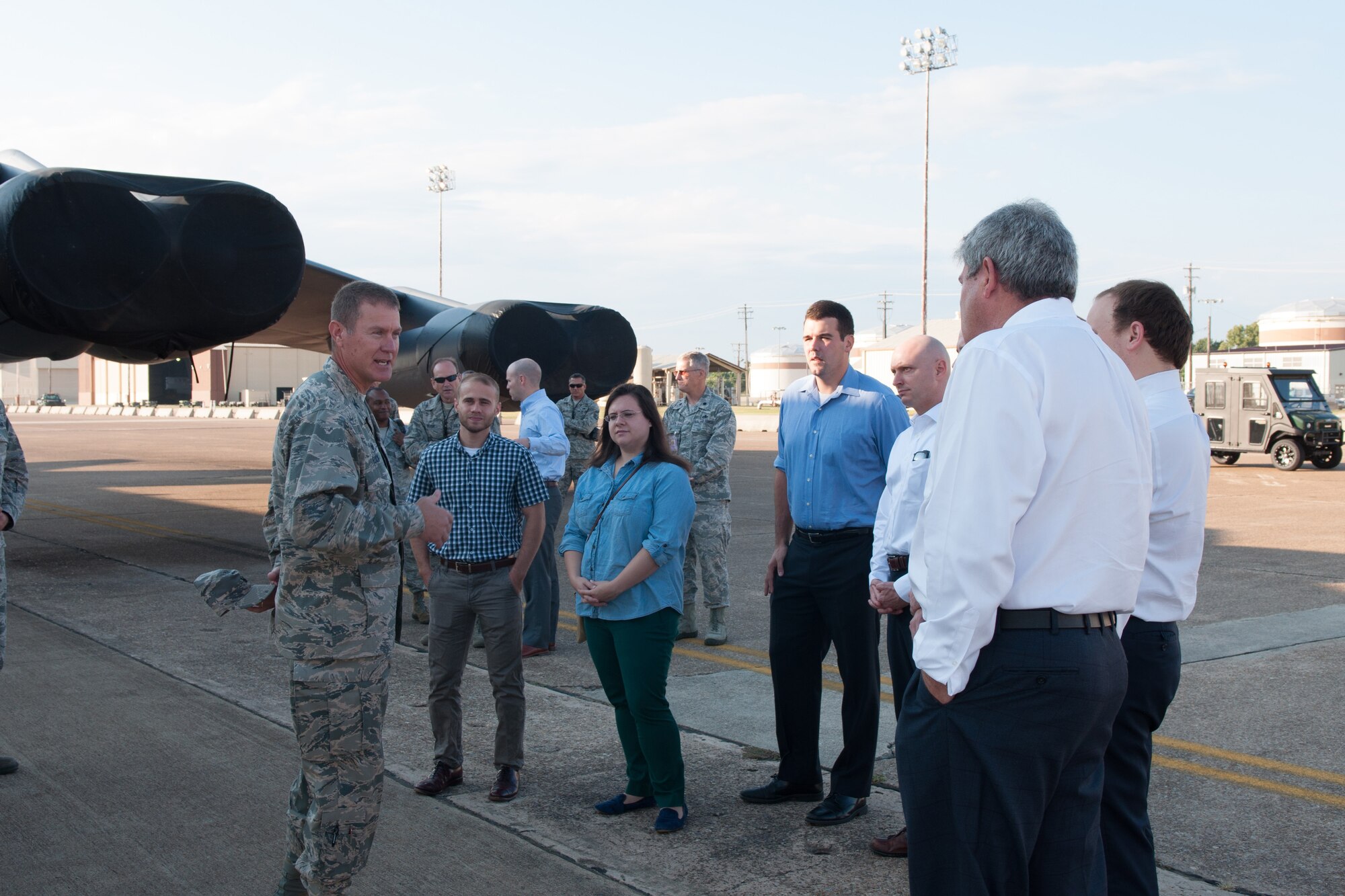 Louisiana Congressional Staff Delegates visit Barksdale Air Force Base, La., and are given a tour of a B-52H Stratofortress Sep. 21, 2015.  U.S. Air Force Col. Alan Rock, 307th Mission Support Group commander, greets the group of delegates at a B-52 Stratofortress to explain its mission and capabilities. (U.S. Air Force photo by Master Sgt. Dachelle Melville/Released)