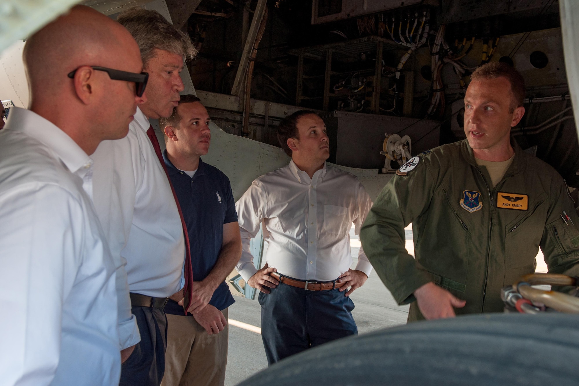 U.S. Air Force Capt. Andrew Embry of the 11th Bomb Squadron talks to Louisiana Congressional Staff Delegates during a tour at Barksdale Air Force Base, La., on Sep. 21, 2015. The delegates were given a tour of a B-52 with aircrew on hand to answer questions about the aircraft's capabilities.  (U.S. Air Force photo by Master Sgt. Dachelle Melville/Released)