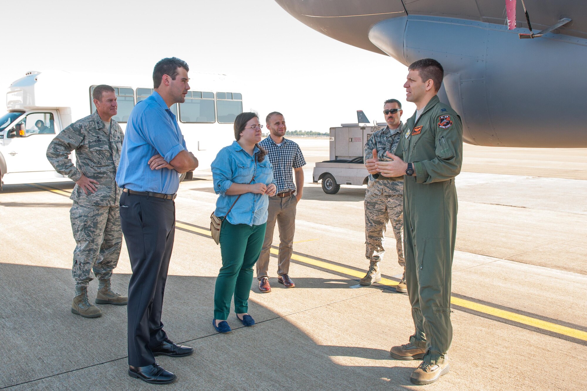 U.S. Air Force Capt. Jason Clendenin of the 343rd Bomb Squadron explains the mission and capabilities of the B-52 Stratofortress to visiting Louisiana Congressional Staff Delegates on Barksdale Air Force Base, La. on Sep. 21, 2015. The delegates were given a tour of a B-52 with aircrew on hand to answer questions.  (U.S. Air Force photo by Master Sgt. Dachelle Melville/Released)