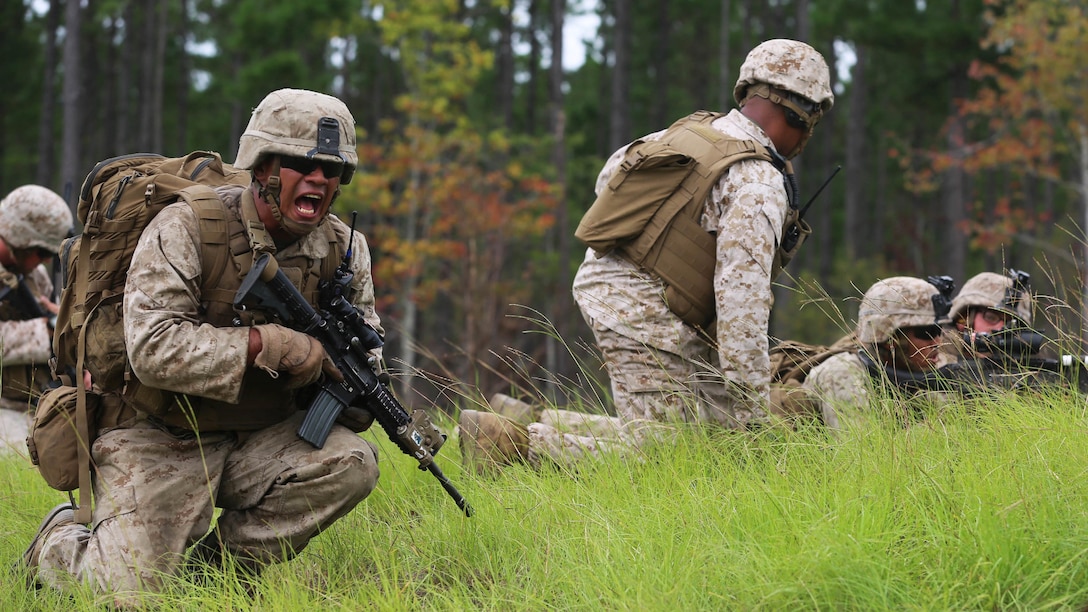 A Marine with 1st Battalion, 8th Marine Regiment yells commands to his fire-team during a company sized combined-arms attack on range SR-9 at Marine Corps Base Camp Lejeune, N.C., Sept. 24, 2015. The training was a culminating event for Alpha Company to prepare them for an upcoming integrated training exercise in Twentynine Palms, California. 