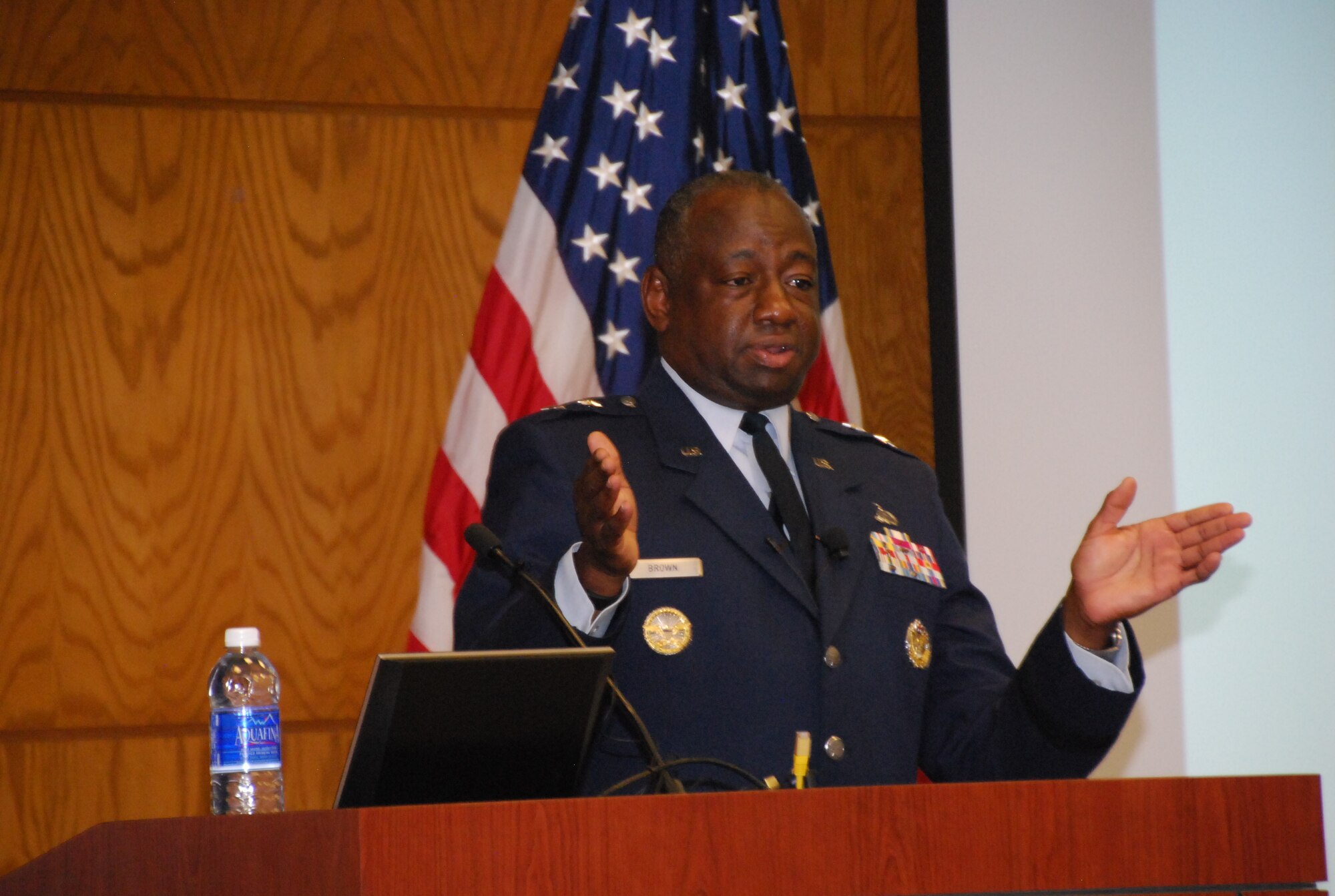 Maj. Gen. Mark Brown visited Defense Finance and Accounting Service headquarters in Indianapolis, Sept. 16, 2015, during the agency’s annual business meeting to speak about 21st century Airmen and how DFAS could help service today’s generation. (Department of Defense photo/Chyenne Adams)