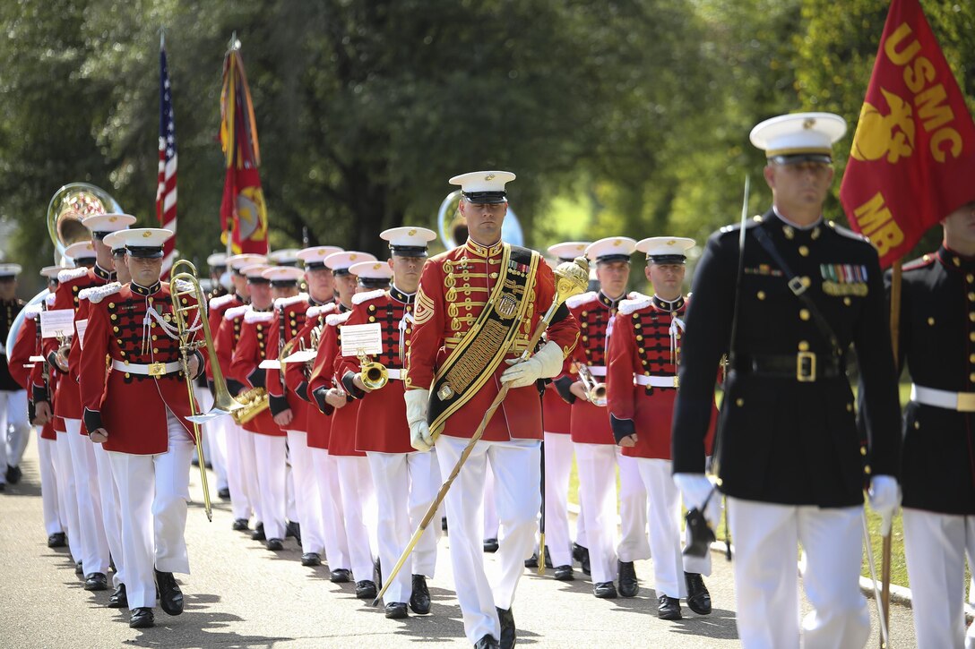 The U.S. Marine Drum & Bugle Corps leads the procession for 1st Lt. Alexander Bonnyman Jr. at Berry Highland Memorial Cemetery in Knoxville, Tenn., on Sept. 27, 2015. Bonnyman joined Marine Forces Reserve in July 1942 and was killed during the battle of Tarawa in 1943. He was awarded the Medal of Honor for his heroic actions during the battle. Bonnyman’s remains were discovered in Tarawa 72 years after he was buried there. 