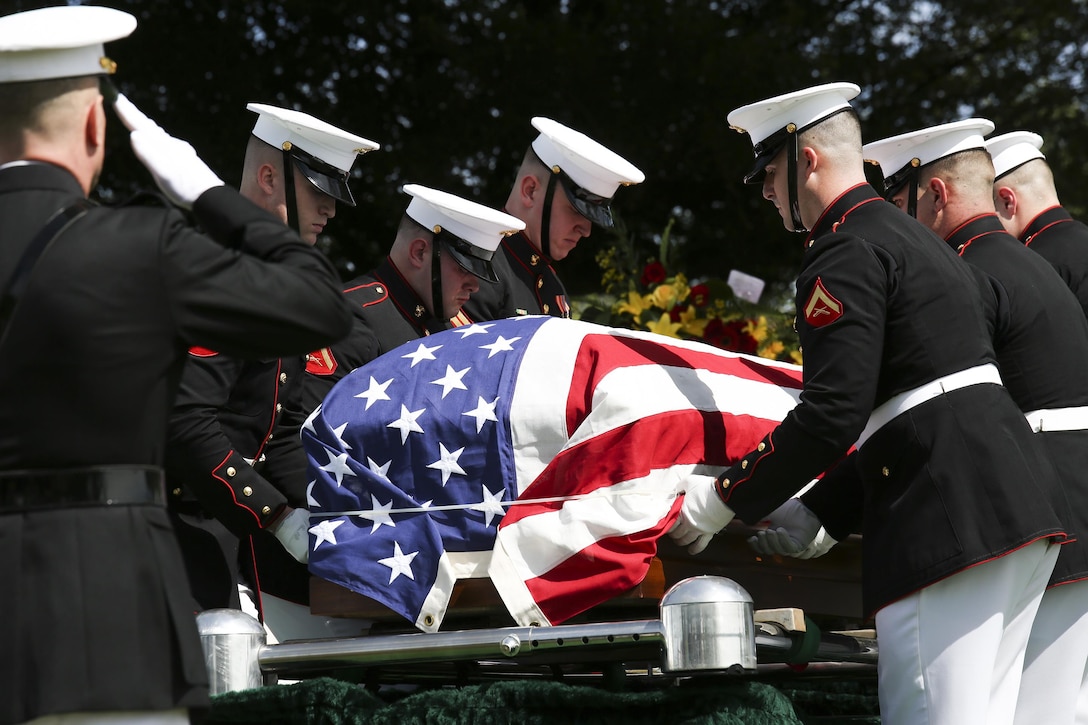 Marines from Marine Corps Barracks Washington, D.C., place 1st Lt. Alexander Bonnyman Jr. near his final resting place at Berry Highland Memorial Cemetery in Knoxville, Tenn., on Sept. 27, 2015. Bonnyman joined Marine Forces Reserve in July 1942 and was killed while fighting in the battle of Tarawa in 1943. Bonnyman’s remains were discovered in Tarawa 72 years after he was buried there. 