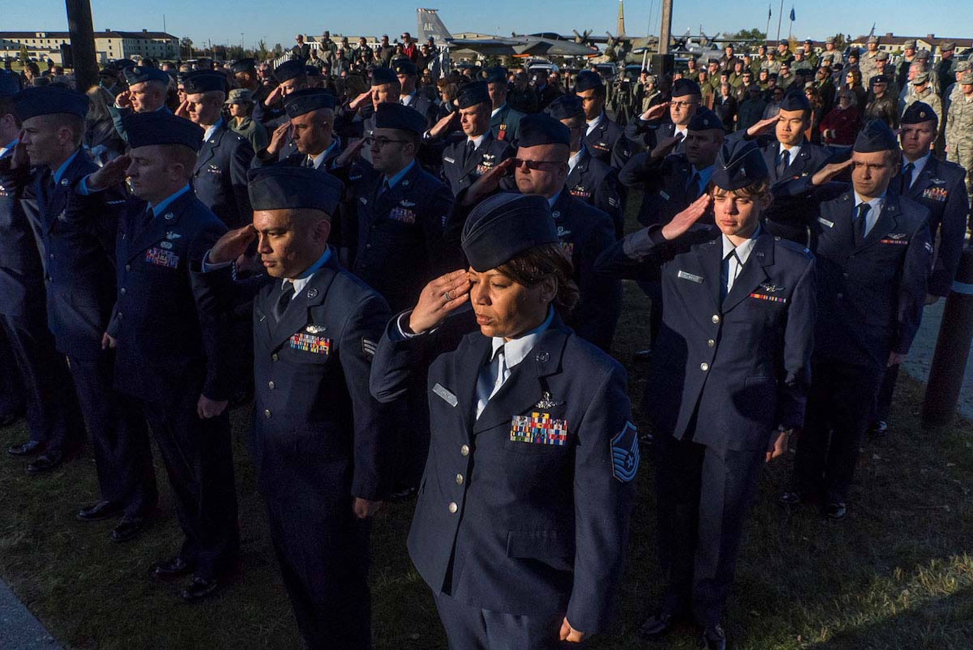 American and Canadian airmen assigned to the 962nd Airborne Air Control Squadron, distinguished guests, and surviving family members of the crew of the E-3B Sentry, AWACS aircraft, call sign Yukla 27 gathered for 20th anniversary memorial ceremonies on Joint Base Elmendorf-Richardson, Alaska, Sept. 22, 2015. Yukla 27, from the 962nd AACS, encountered a flock of geese Sept. 22, 1995, and crashed shortly after takeoff on a routine surveillance training sortie, killing all 24 U.S. and Canadian airmen aboard. (U.S. Air Force photo/Justin Connaher)