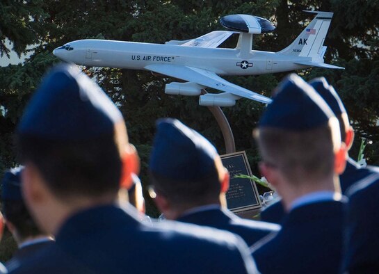 American and Canadian airmen assigned to the 962nd Airborne Air Control Squadron, distinguished guests, and surviving family members of the crew of the E-3B Sentry, AWACS aircraft, call sign Yukla 27, gathered for 20th anniversary memorial ceremonies on Joint Base Elmendorf-Richardson, Alaska, Sept. 22, 2015. Yukla 27, from the 962nd AACS, encountered a flock of geese Sept. 22, 1995, and crashed shortly after takeoff on a routine surveillance training sortie, killing all 24 U.S. and Canadian airmen aboard. (U.S. Air Force photo/Justin Connaher)