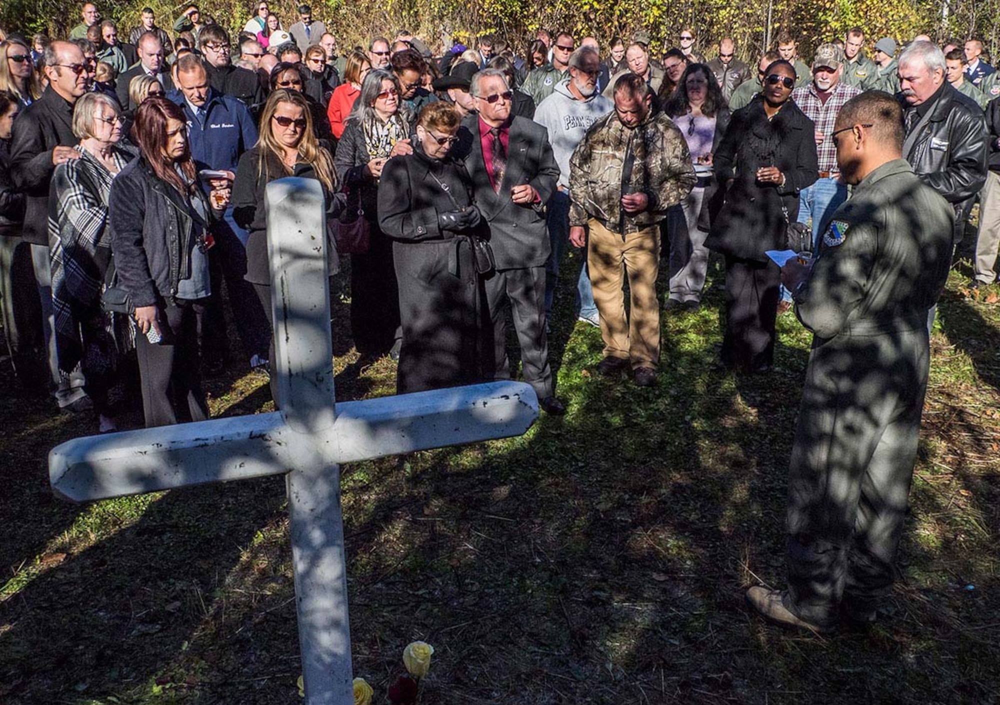 American and Canadian airmen assigned to the 962nd Airborne Air Control Squadron, distinguished guests, and surviving family members of the crew of the E-3B Sentry, AWACS aircraft, call sign Yukla 27, gathered for 20th anniversary memorial ceremonies on Joint Base Elmendorf-Richardson, Alaska, Sept. 22, 2015. Yukla 27, from the 962nd AACS, encountered a flock of geese Sept. 22, 1995, and crashed shortly after takeoff on a routine surveillance training sortie, killing all 24 U.S. and Canadian airmen aboard. (U.S. Air Force photo/Justin Connaher)