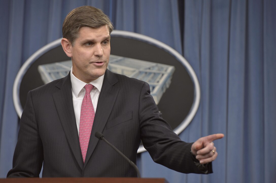 Pentagon Press Secretary Peter Cook answers questions from reporters at the Pentagon, Sept. 24, 2015. DoD photo by Glenn Fawcett