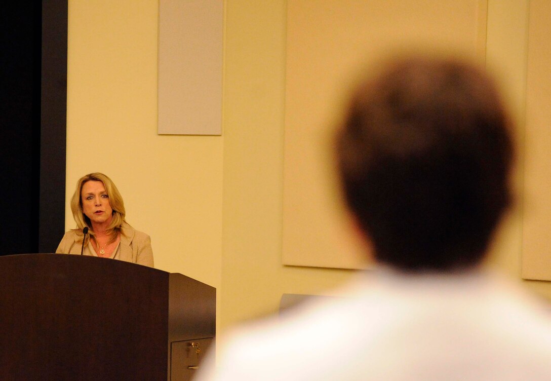 Secretary of the Air Force Deborah Lee James listens to a question from Lt. Col. Lisa Bader, the U.S. Air Forces in Europe–Air Forces Africa behavioral health consultant, during the Suicide Prevention Summit at Joint Base Andrews, Md., Sept. 24, 2015. James spoke and listened to questions from the attendees after her speech. (Air Force photo/Staff Sgt. Whitney Stanfield)  