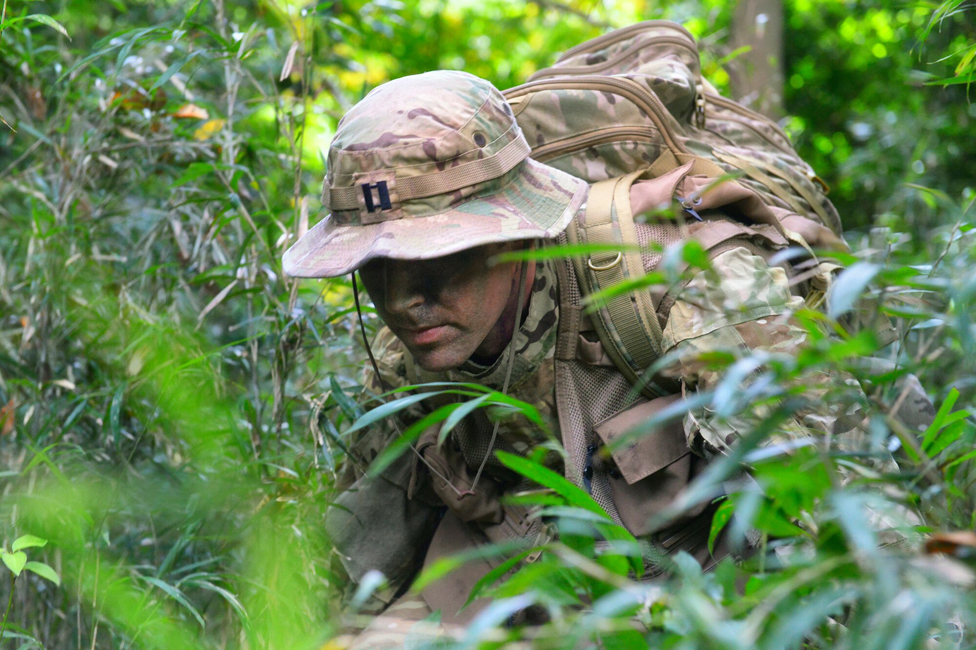 Capt. Michael Farrara, 459th Airlift Squadron C-12 pilot, attempts to move quietly through the bamboo during a Survival, Evasion, Resistance and Escape combat survival training at Tama Hills Recreation Area, Japan, Sept. 22, 2015. Students are taught to move quietly to avoid capture. (U.S. Air Force photo by Airman 1st Class Elizabeth Baker/Released)