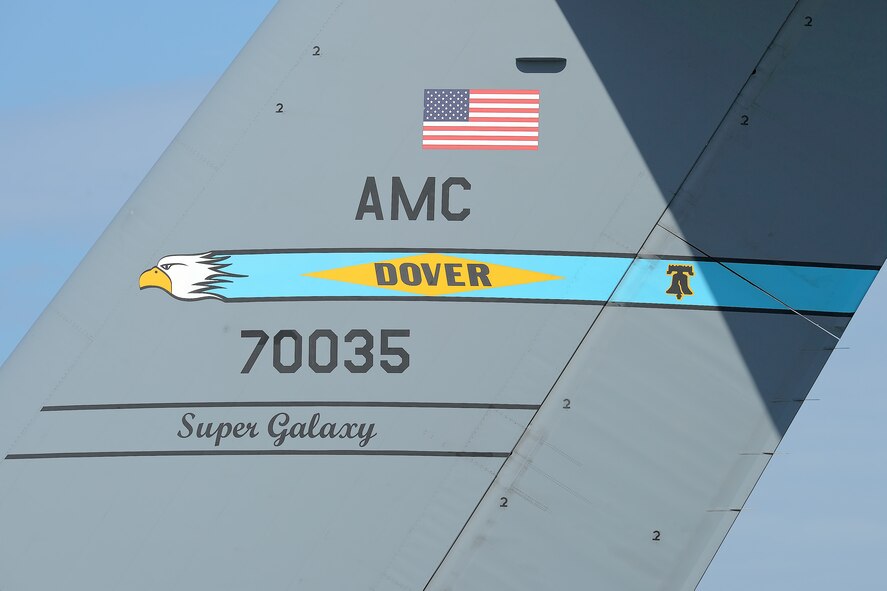 Tail markings of a Dover based C-5M Super Galaxy, of the 436th Airlift Wing, Dover Air Force Base, Del., on Sept. 9, 2015. The Super Galaxy is the most capable heavy-lift aircraft operated by the Air Force and has a secondary tail-stripe to differentiate them from standard C-5A/B Galaxy aircraft within the Air Force fleet. (U.S. Air Force photo/Greg L. Davis)