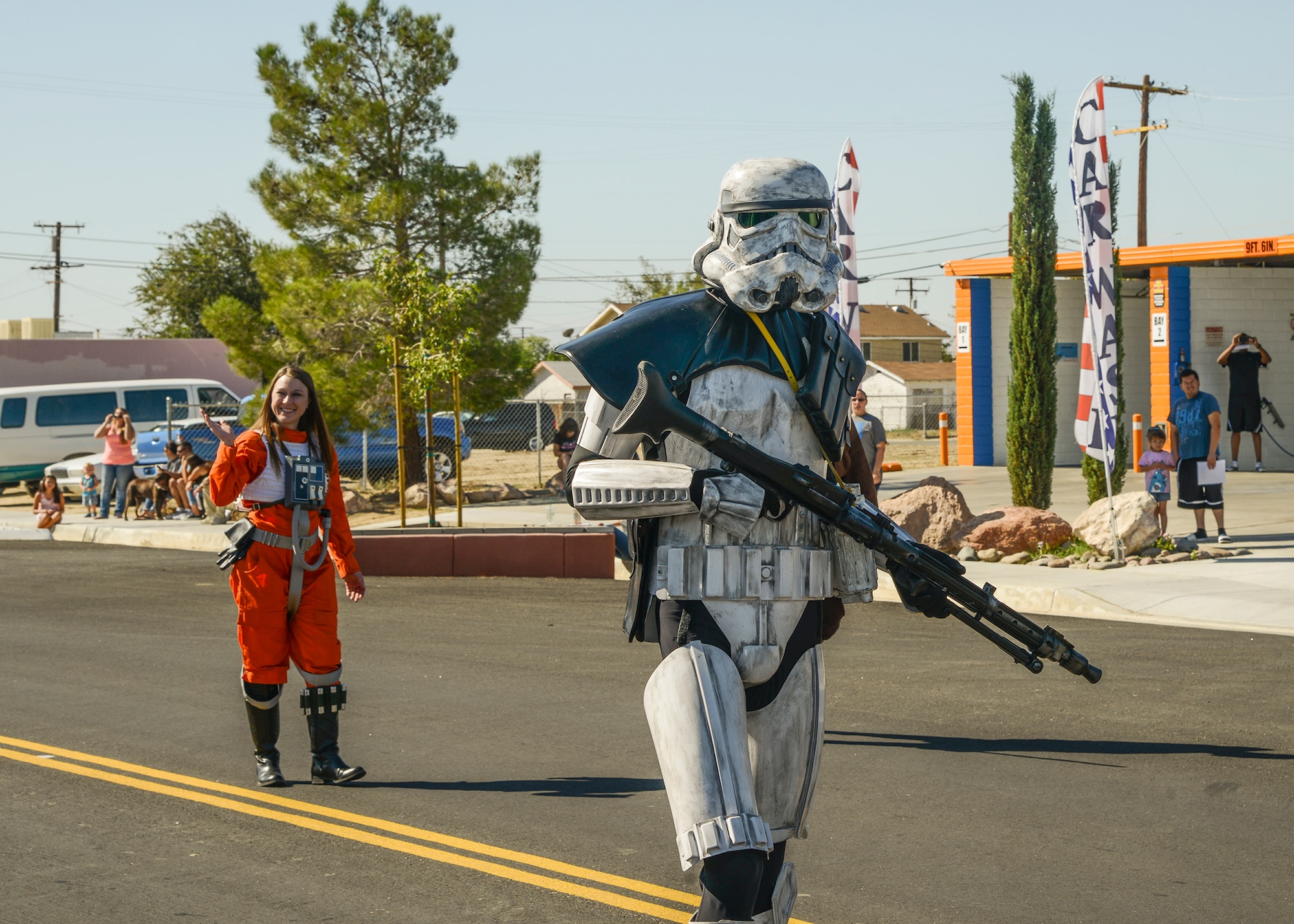 The Star Wars 501st and Rebel Legions dressed as storm troopers in the Armed Forces Appreciation Day Parade to show their gratitude to the U.S. military troops. The 501st and Rebel Legions took first place in the “other” category. The Star Wars 501st and Rebel Legion is "The World's Definitive Imperial Costuming Organization" where fans can join in costuming and events. (U.S. Air Force photo by Rebecca Amber)